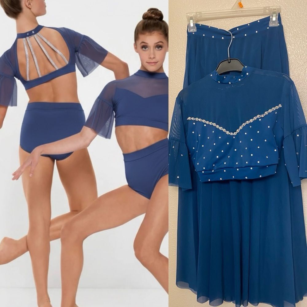 Kelle dance solo costume dark blue 2 piece 2972 butterflies illusion MA adult